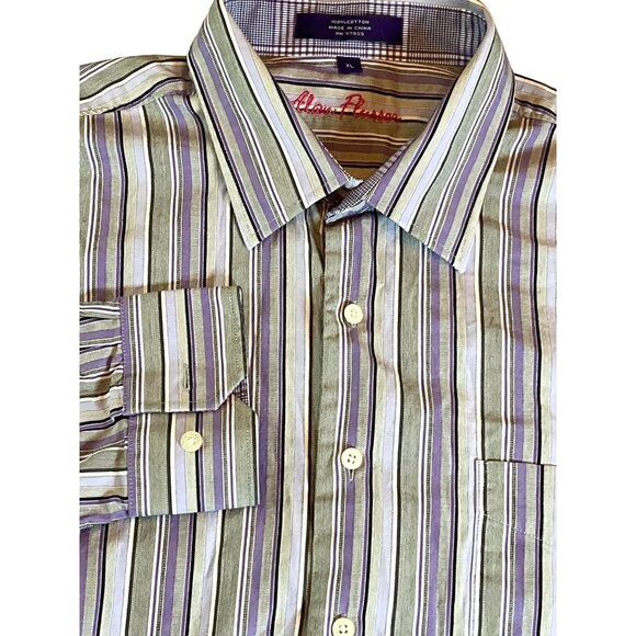 Alan Flusser XL Purple/White/Gray Striped Button Up Shirt‎ Contrasting Sleeves - Picture 1 of 5